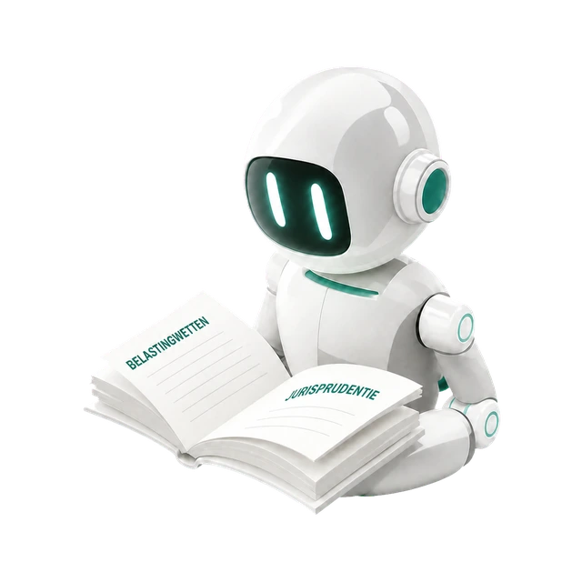 Fiscely-robot met een boek over belastingwetten en jurisprudentie